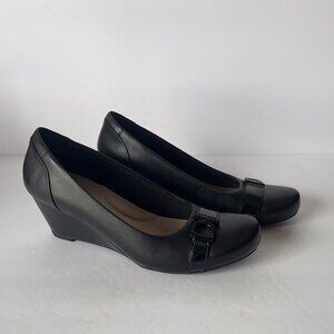 Clarks Womens Collection Leather Wedge Pumps- Flores Poppy Black Size 9